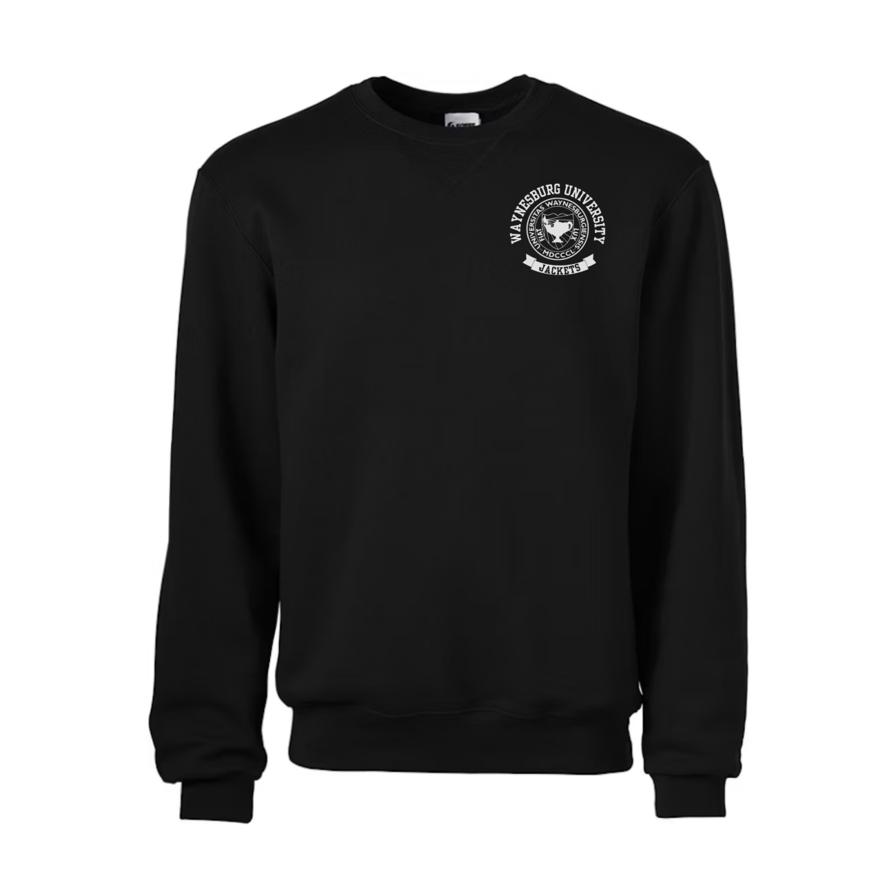 Black long sleeve shirt with the Waynesburg University Fiat Lux Logo, Waynesburg University, and Jackets printed in the left chest pocket area of the shirt