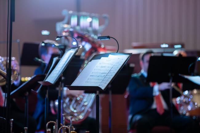 Photo of music stands during 2024 Pittsburgh Symphony Orchestra concert at WU