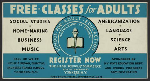 University Of The State Of New York, Sponsor. Free Classes for Adults - Register Now. [Nassau co.: wpa federal art project, between 1936 and 1939] Photograph. Retrieved from the Library of Congress, <www.loc.gov/item/98513627/>.