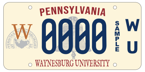 Image of the Waynesburg University-branded Pennsylvania state license plate as of July 1, 2025