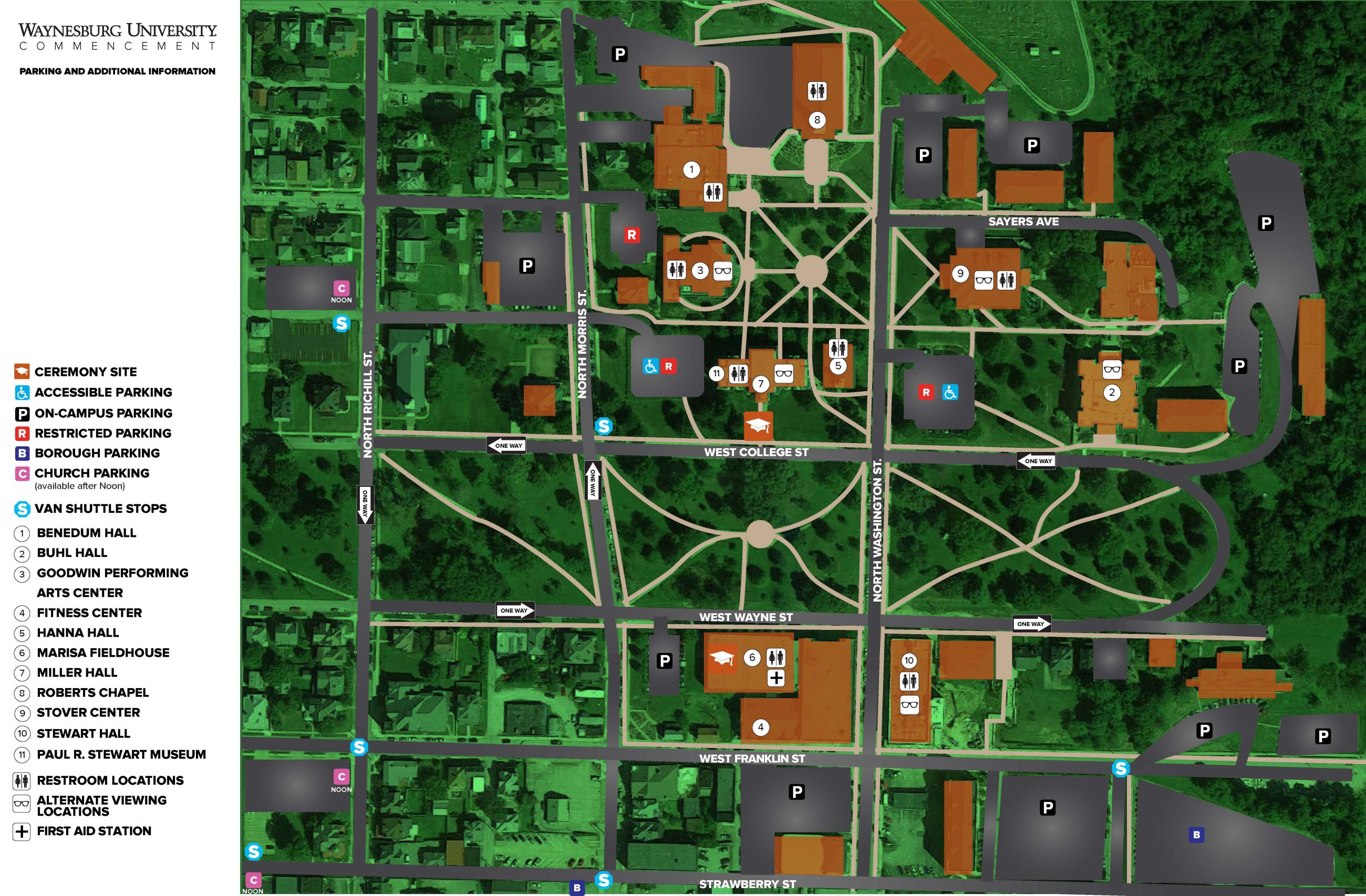map of campus for commencement guests showing parking and restrooms