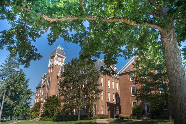 Miller Hall in the summer with green leaves