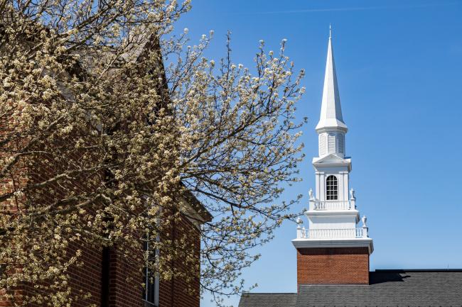 Chapel steeple with spring blooms