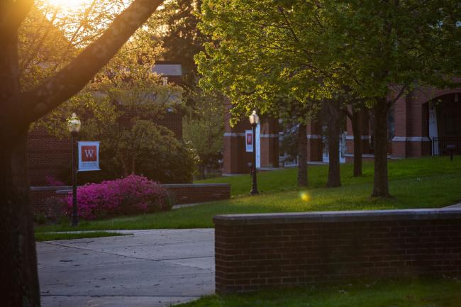 A view from Johnson Commons looking at the GPAC in spring