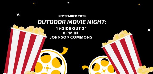 advertisement showing film reels and popcorn, advertising an outdoor movie night