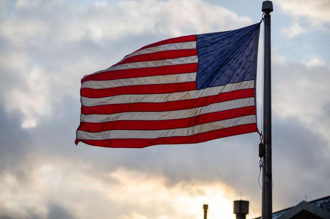 American Flag in Veteran Memorial Plaza on campus