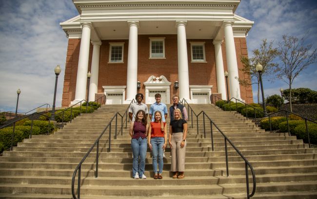 Students participating in the Accounting and Finance Consortium Interview Day in front of Roberts Chapel