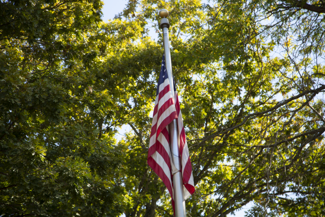 American flag in Veterans Plaza on Waynesburg University's campus